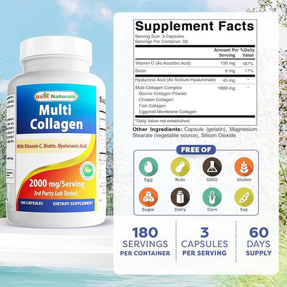 Best Naturals Multi Collagen Pills 2000mg for Women & Men - Hydrolyzed Collagen Peptides Capsules for Hair Skin and Nails with Types I II III V X, Biotin, Hyaluronic Acid & Vitamin C