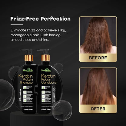 Herbishh Keratin Shampoo and Conditioner Set - Hydrating Shampoo & Nourishing Conditioner for Dry Damaged Hair - Sulfate Free - Plant Based - Set of 2
