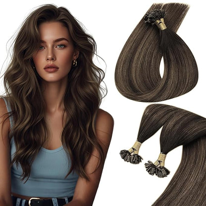 Sunny Hair U Tip Hair Extensions Human Hair for Daily Use Utip Hair Extensions Human Hair Balayage Dark Brown Ktip Human Hair Extensions Show Charm 14inch 50g