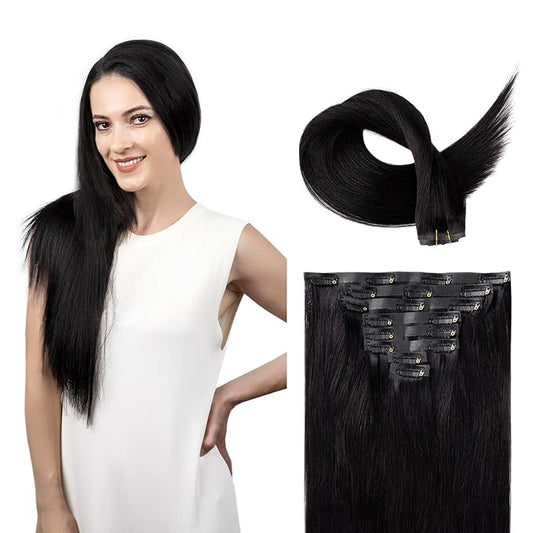 Clip in Hair Extensions Real Human Hair Natural Black Seamless Clip In 100% Remy Hair Extensions PU Skin Weft Add Volume Invisible for Long Straight Hair #1B 18Inch 120G 8PCS