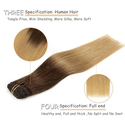 Caliee Clip in Hair Extensions Human Hair T3-12 Darker Brown Fading to Light Golden Brown Balayage Hair Extensions for Full Head 22Inch Seamless Silky Straight Real Hair Clip in Extensions 7 PCS 140G