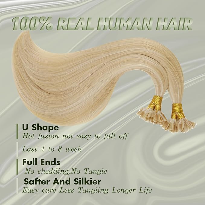 RUNATURE U-Tip Human Hair Extensions - Ash Blonde Mix Platinum Blonde, Remy Silky Nail Tip, Pre-Bonded Keratin, 18 Inch 50g 50s