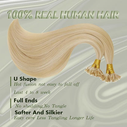 RUNATURE U-Tip Human Hair Extensions - Ash Blonde Mix Platinum Blonde, Remy Silky Nail Tip, Pre-Bonded Keratin, 18 Inch 50g 50s