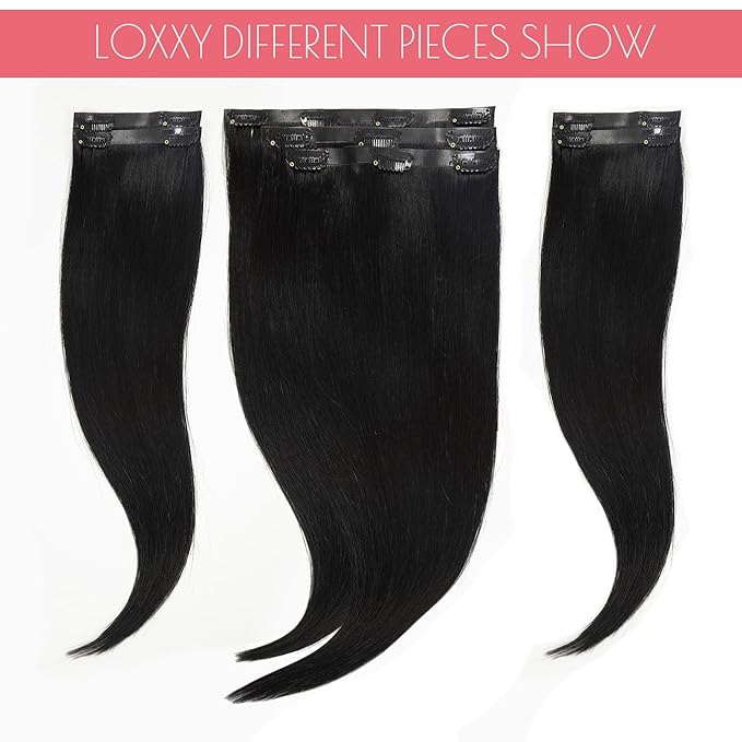 Loxxy Human Hair Extensions Clip in Jet Black Seamless Clip in Hair Extensions Real Human Hair 14Inch 130G 7Pcs Invisible PU Skin Weft Silky Straight Natural Remy Thich Hair