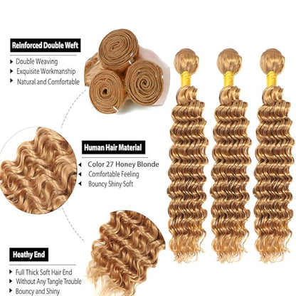 Blonde Bundles Color 27 Deep Wave Bundles 26 28 30 Inch Human Hair Double Weft Brazilian Virgin Remy Hair Honey Blonde Bundle Weave Silky and Soft