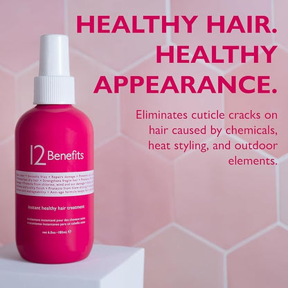12 Benefits Leave-In Conditioner Spray – Instant Healthy Hair Treatment, Anti-Frizz, Detangles, Strengthens & Repairs, Heat Protection with Quaternium 39 & Silk Fibre Protein, 6 Fl Oz