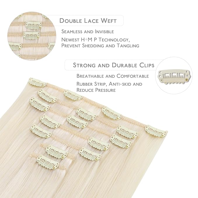 WENNALIFE Clip in Hair Extensions, 20 Inch 120g 7pcs Real Human Hair, White Blonde Remy Hair Extensions Clip Ins Double Weft