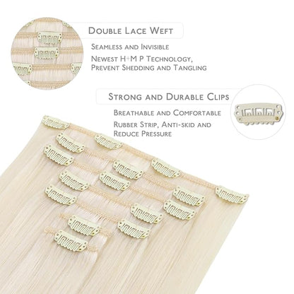 WENNALIFE Clip in Hair Extensions, 20 Inch 120g 7pcs Real Human Hair, White Blonde Remy Hair Extensions Clip Ins Double Weft