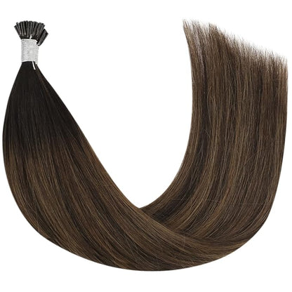 YoungSee Itip Hair Extension Real Human Hair Brown I Tip Extensions Dark Brown Balayage Brown Tip Hair Extensions Real Human Hair 14 Inch Ombre Keratin Tip Extensions Short Hair Extensions 50g 80s