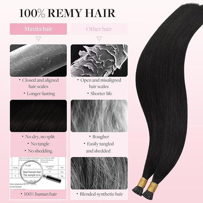 MAXITA I Tip Hair Extensions Human Hair,50g/100s Natural Black 14 Inch Comfortable Wear, Invisible & Natural Cold Fusion, 100% Remy Human Hair Itip Keratin Hair Extensions