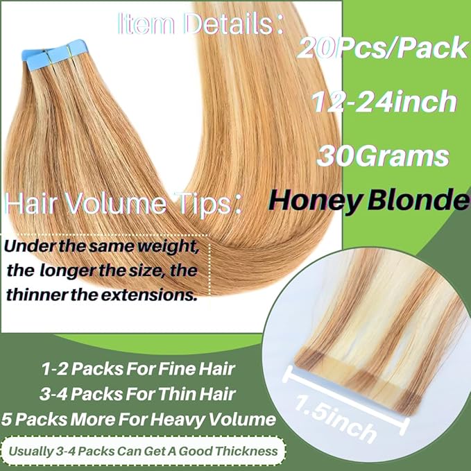 Blonde Tape in Hair Extensions Human Hair Invisible for Women Silky Straight Long Remy Human Hair Extensions Tape in 20 Inch 20PCS 50G
