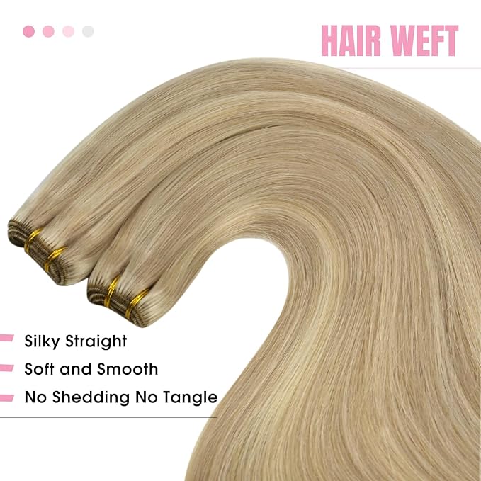 YoungSee Sew in Hair Extensions Blonde Highlight Hair Extensions Sew in Dark Ash Blonde Highlighted Light Blonde Weft Hair Extensions Real Human Hair Highlight Butterfly Weft 22Inch 100G