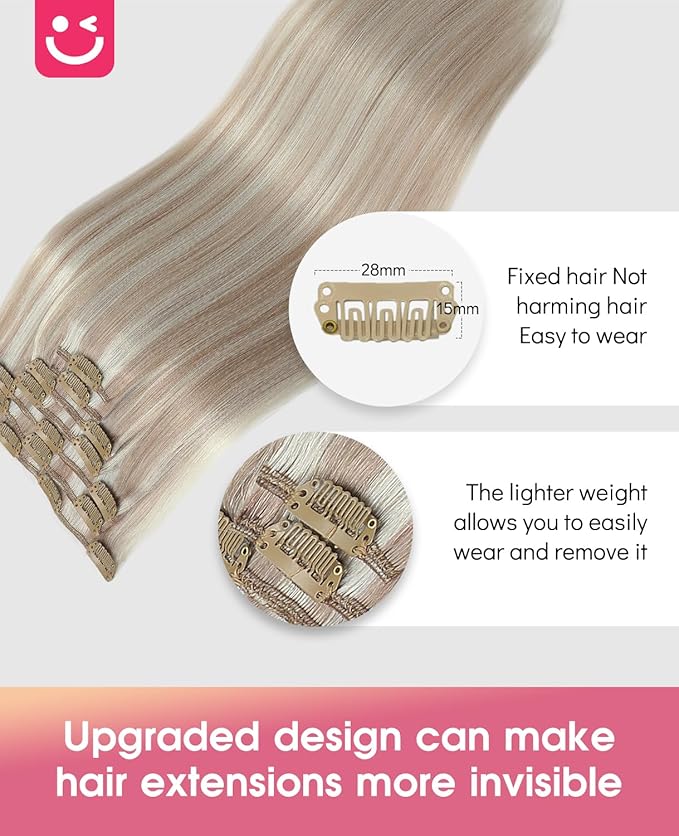 Youngsmile Clip in Hair Extensions Real Human Hair,Hair Extensions Clip ins,Double Drawn,Soft Silk Human Hair, 20 inch 7pcs 120g, Ash Blonde mixed White Blond(CLIP#18P1000-20Inch)