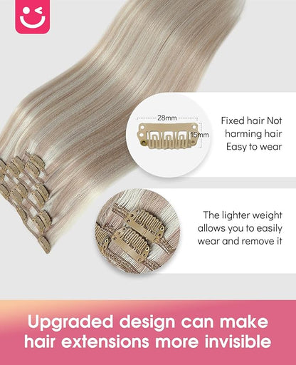 Youngsmile Clip in Hair Extensions Real Human Hair,Hair Extensions Clip ins,Double Drawn,Soft Silk Human Hair, 20 inch 7pcs 120g, Ash Blonde mixed White Blond(CLIP#18P1000-20Inch)