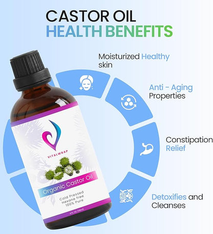 Castor Oil Pack – 118oz Organic Castor Oil Cold Pressed & Unrefined with Glass Bottle & Bamboo Cotton Wrap | Castor Oil for Liver Detox, Belly & Neck Pain Relief | Reusable, Adjustable, BPA-Free