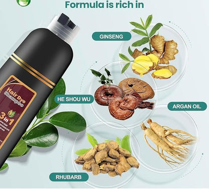Dark Brown Hair Dye Shampoo 3-in-1 Formula for Fast Grey Coverage - Ammonia-Free, Natural Herbal Ingredients - Instant Color Shampoo for Women & Men - Champú para Canas Mujer 500ml (Dark Brown)
