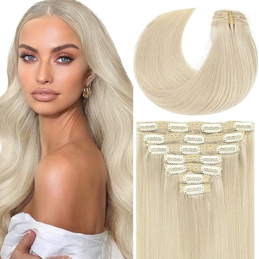 Loxxy 16 Inch Platinum Blonde Hair Extensions Clip in Human Hair 9A Grade Brazilian Human Hair Extension Big Thick Silky Straight Clip in Human Hair For Women #60A 120g 7 Pieces 16 clips