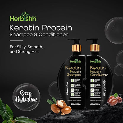 Herbishh Keratin Shampoo and Conditioner Set - Hydrating Shampoo & Nourishing Conditioner for Dry Damaged Hair - Sulfate Free - Plant Based - Set of 2