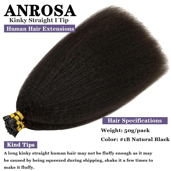 Anrosa I Tip Hair Extensions Human Hair Kinky Straight Pre Bonded Itip Real Human Hair Black Invisible Curly Natural Black Kinky Itip Human Hair Extensions For Black Women 18 Inch 50g