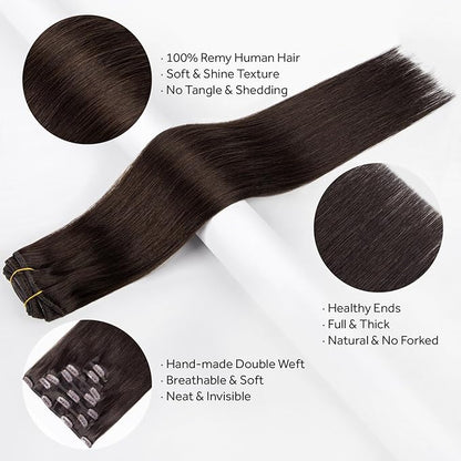 Clip in Hair Extensions Real Human Hair, Remy Human Hair Clip in Extensions for Long Hair, Dark Brown Straight Hair Extensions Add Volum add Length #2 24Inch 120G 7PCS