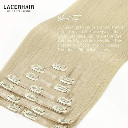 Lacer Clip in Hair Extensions 20 Inch 8Pcs Blonde Clip in Hair Extensions 19 Clips Platinum Blonde PU Weft Seamless Extensions Clip in Human Hair 150 Grams