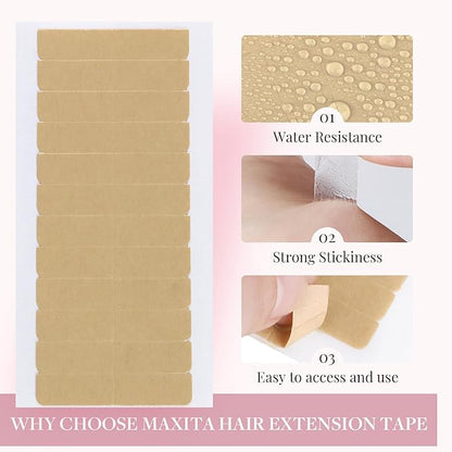 MAXITA No-Residue Replacement Tape for Hair Extensions - 180 Double Sided Tabs, 1.6 * 0.3 inch