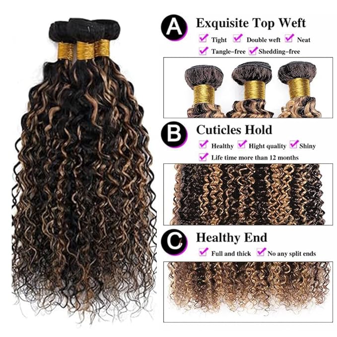 Ombre P1B/30 Highlight Kinky Curly Bundles Human Hair Black and Light Brown Curly Bundles two tone Double Weft Brazilian Human Hair Wet and Wavy Soft Silky for Black Women 20 22 24 Inch