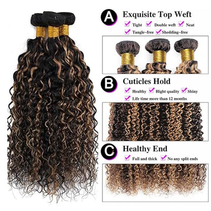Ombre P1B/30 Highlight Kinky Curly Bundles Human Hair Black and Light Brown Curly Bundles two tone Double Weft Brazilian Human Hair Wet and Wavy Soft Silky for Black Women 20 22 24 Inch