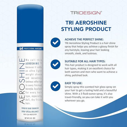 TRIDESIGN Aeroshine Finishing Styling Hairspray, Ultra-lightweight, Spray-in Shine with Sun Protection for All Types of Hair, Formulated for Dry Frizzy Hair, 3 Fluid Oz