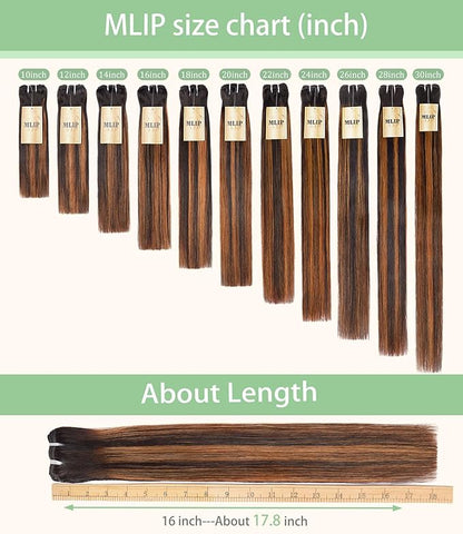 mlip Raw Bundles Human Hair Straight, No Tangle Shedding, Keep Texture Silky Soft After Multiple Washes, 15A Raw Indian Hair Bundles 10 12 14 Inches, Brown Highlight Color
