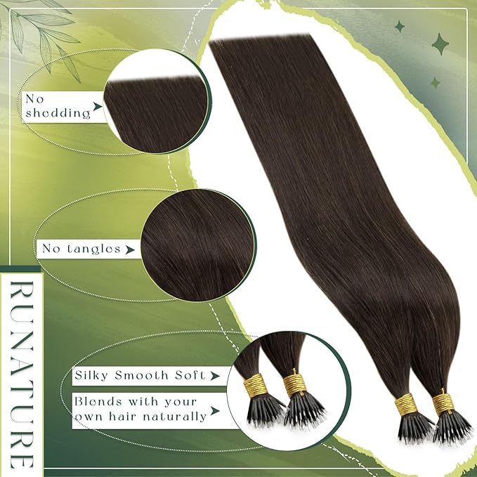 RUNATURE Nano Ring Hair Extensions Human Hair Dark Brown Remy Nano Bead Human Hair Extensions Silky Nana Link Hair Extension Real Human Hair Full Ends 22 Inch 50 Gram 50 Strands