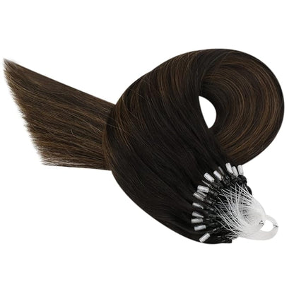 YoungSee Microbead Hair Extensions Brown Micro Loop Hair Extensions Real Human Hair Balayage 18 Inch Micro Ring Hair Extensions Dark Brown Ombre Bead Hair Extensions Silky Straight for Girls 50g 50s