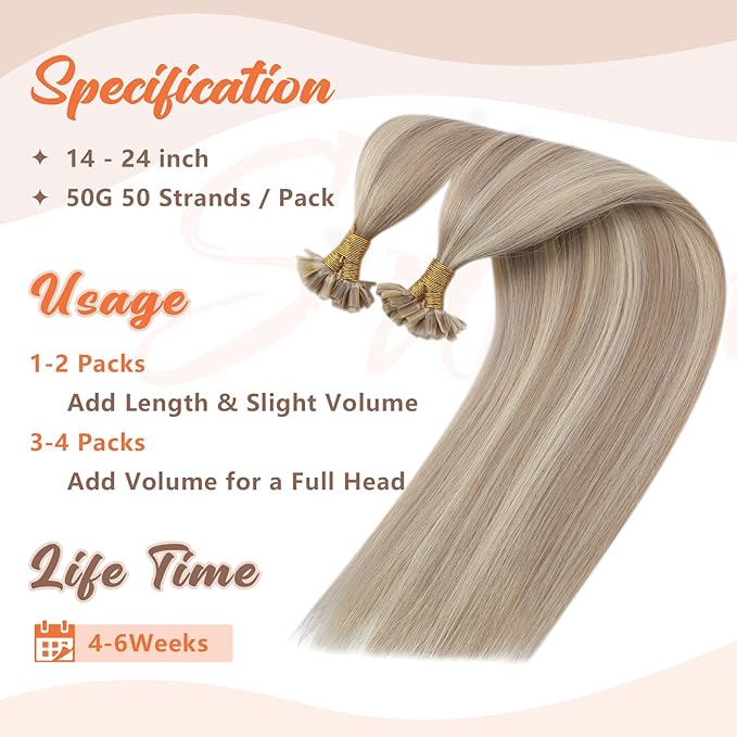 Sunny Hair U Tip Hair Extensions Blonde UTips Hair Extensions Human Hair Ash Blonde Highlight Bleach Blonde K Tip Hair Extensions Real Human Easy to Curl 20inch 50g