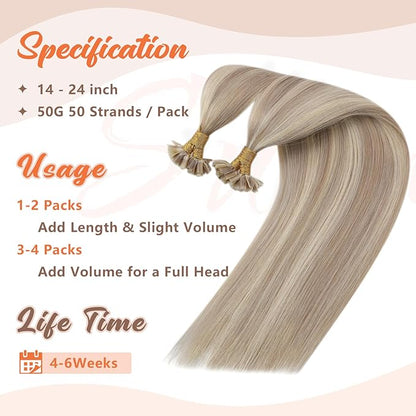 Sunny Hair U Tip Hair Extensions Blonde UTips Hair Extensions Human Hair Ash Blonde Highlight Bleach Blonde K Tip Hair Extensions Real Human Easy to Curl 20inch 50g