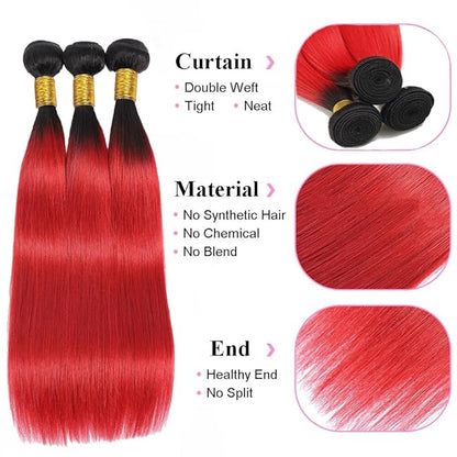 Red Human Hair Bundles 1B/Red Straight Human Hair Bundles 16 18 20 inch Two Tone Brazilian Virgin Remy Hair Extensions Soft and Silky For Women