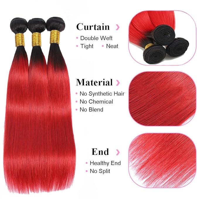 1B/Red Straight Human Hair Bundles 12 14 16 inch Two Tone Brazilian Virgin Remy Hair Extensions Two Tone Black Roots To Red Human Hair Bundles Soft and Silky For Women