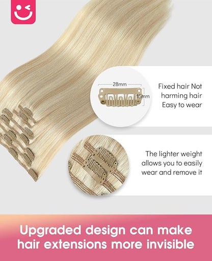 Youngsmile Clip in Hair Extensions, Remy Human Hair Extensions Clip in For Women, silky straight Real Human Hair, Caramel Blonde with Platinum Blonde 120g 16 inch 7Pcs (CLIP#27P60-16inch)