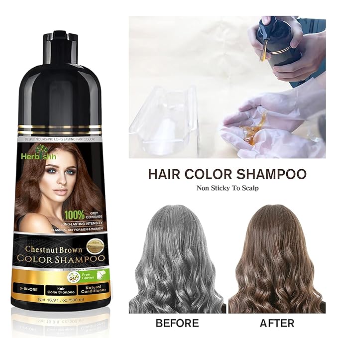 Herbishh Chestnut Brown Hair Dye Shampoo 3 In 1, Color Shampoo For Gray Hair Coverage 500 ML Argan Oil & Pro Keratin Deep Conditioning Hair Mask 150gm & Ginger Essential Oil Serum For Hair Growth 30ml