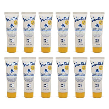 Vacation Mini Classic Sunscreen SPF 30, Water-Resistant, Bulk Suntan Lotion, Bachelorette Party Favors, Beach Must Haves, Traveling Essentials, Travel Size, 1 Fl. Oz. (Value Pack of 12)