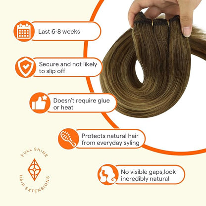 Full Shine Sew In Hair Extensions Real Human Hair Weft Hair Extensions Human Hair Color Brown To Blonde Mix Brown Manchine Tied Weft Human Hair Extensions Silky Hair Short Hair Extensions 14 Inch 100G