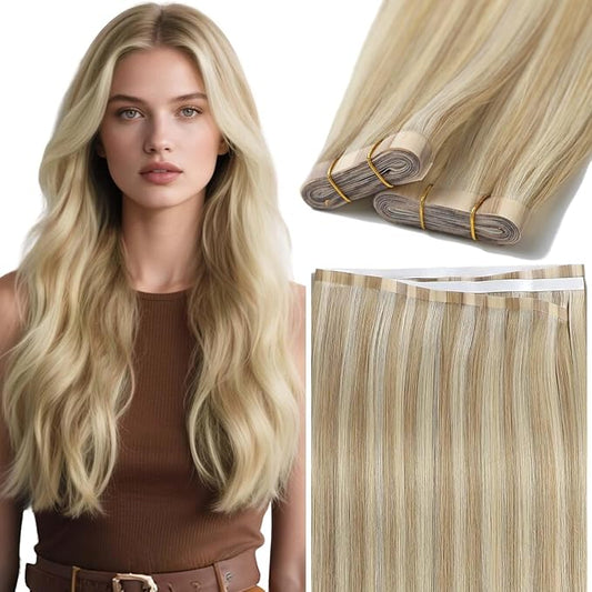 Lacer 16 Inch Long Weft Tape in Hair Extensions Light Brown With Platinum Blonde Tape in Weft Extensions 50g One Piece DIY Hair Extensions 31.5" (80cm)