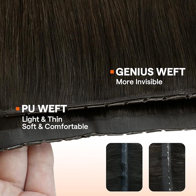 Full Shine Butterfly Weft Hair Extensions Invisible Pu Hole Extensions Remy Hair Color Dark Brown Genius Weft Extensions 24 Inch Hair Extensions For Women 100 Grams