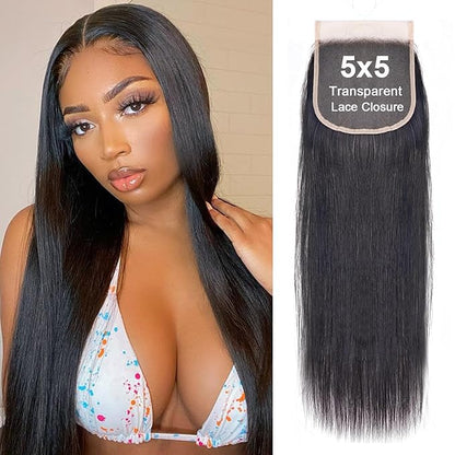 5x5 Transparent HD Lace Closure Silky Straight Human Hair Lace Closure Brazilian Virgin Remy Hair Invisible Lace Frontal Closure Pre Plucked Natural Black Color 16 Inch