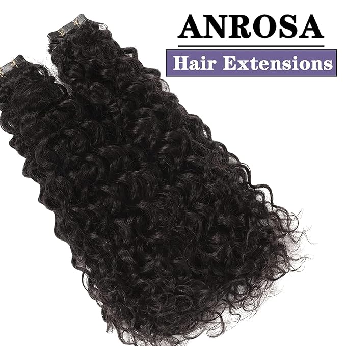 Anrosa Tape In Kinky Curly Hair Extensions Human Hair Natural Black 1B Color 14 inch 3B 3C Jerry Curly Tape in Hair Extensions Human Hair Black Women 20pcs 50g