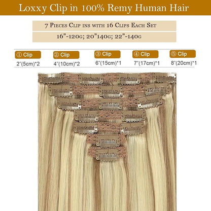 Loxxy 20 Inch Seamless Clip in Hair Extensions Light Brown Highlighted Platinum Blonde Straight Lace Double Weft 100% Remy Hair Extension Clip On Brazilian Human Hair for Women 7pcs 140g Full Head