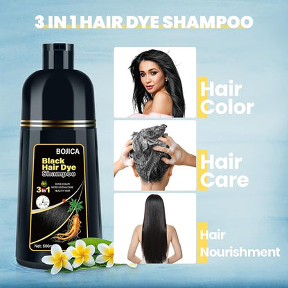 Black Hair Dye 3 in 1 Shampoo for Gray Hair, Herbal Ingredients for Women&Men, Dye in Minutes/Semi-Permanent/(17.6 FL OZ)