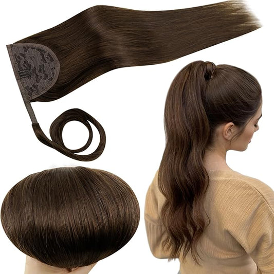 RUNATURE Hair Ponytail Extension Short Ponytail Human Hair Extensions Ponytail #4 Brown Thick Wrap Ponytail Hair Extensions with Clips Straight Real Hair Ponytail Extensions Silky 14 Inch 70g
