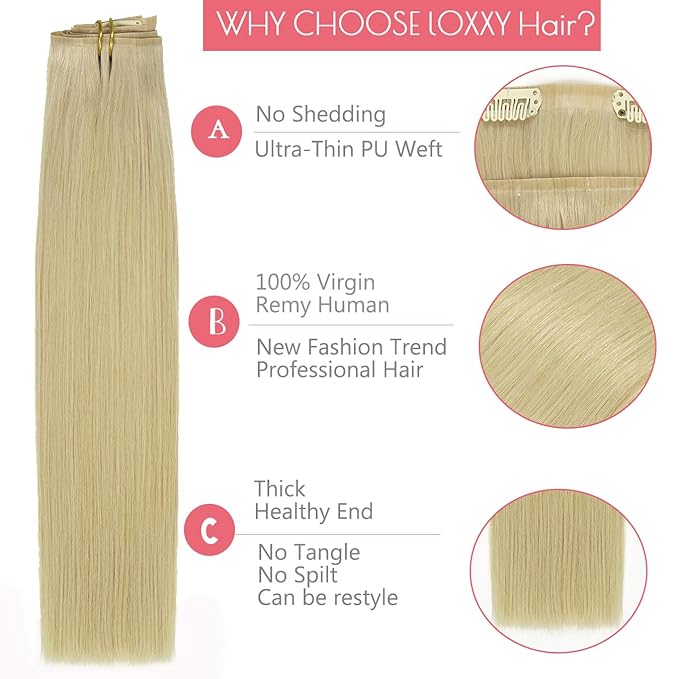 Loxxy Real Hair Extensions - Invisible 16Inch 7Pcs 130G Platinum Blonde Seamless Clip in Hair Extensions Human Hair Silky Straight PU Clip ins For Women
