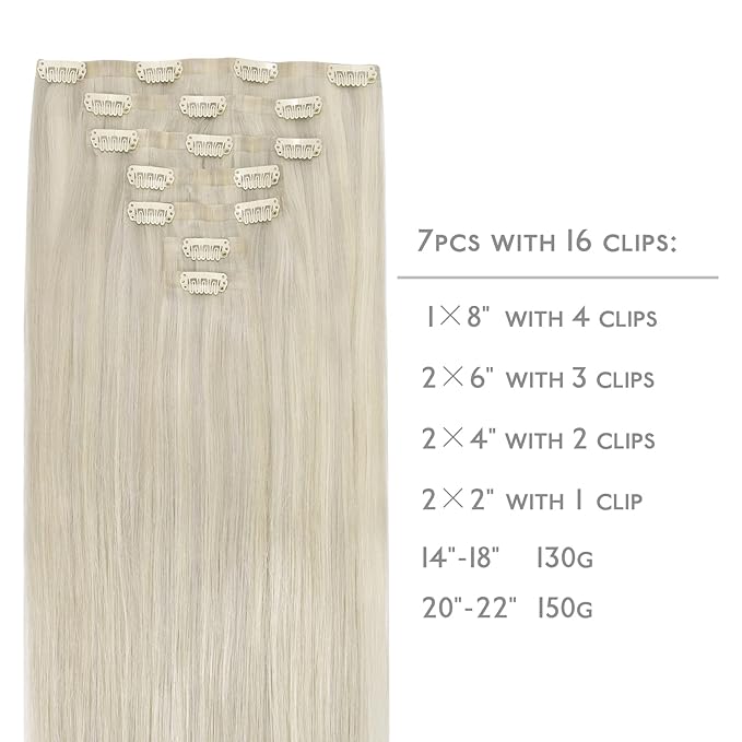 WENNALIFE Seamless Clip In Hair Extensions, 20 Inch 7pcs 150g Ash Blonde Highlighted Platinum Blonde Human Hair Extensions, Invisible PU Weft