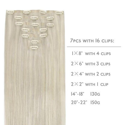 WENNALIFE Seamless Clip In Hair Extensions, 20 Inch 7pcs 150g Ash Blonde Highlighted Platinum Blonde Human Hair Extensions, Invisible PU Weft